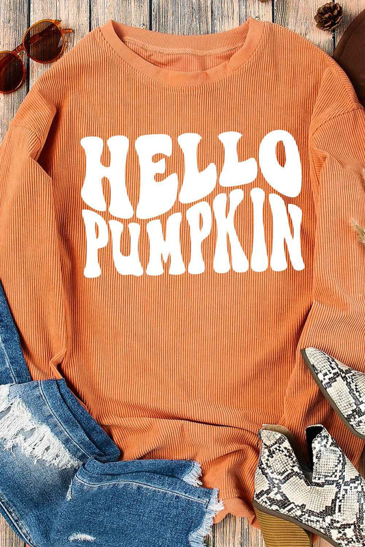 Orange HELLO PUMPKIN Letter Graphic Corded Sweatshirt Orange-3 100%Polyester ecc3c9dc0092a1db