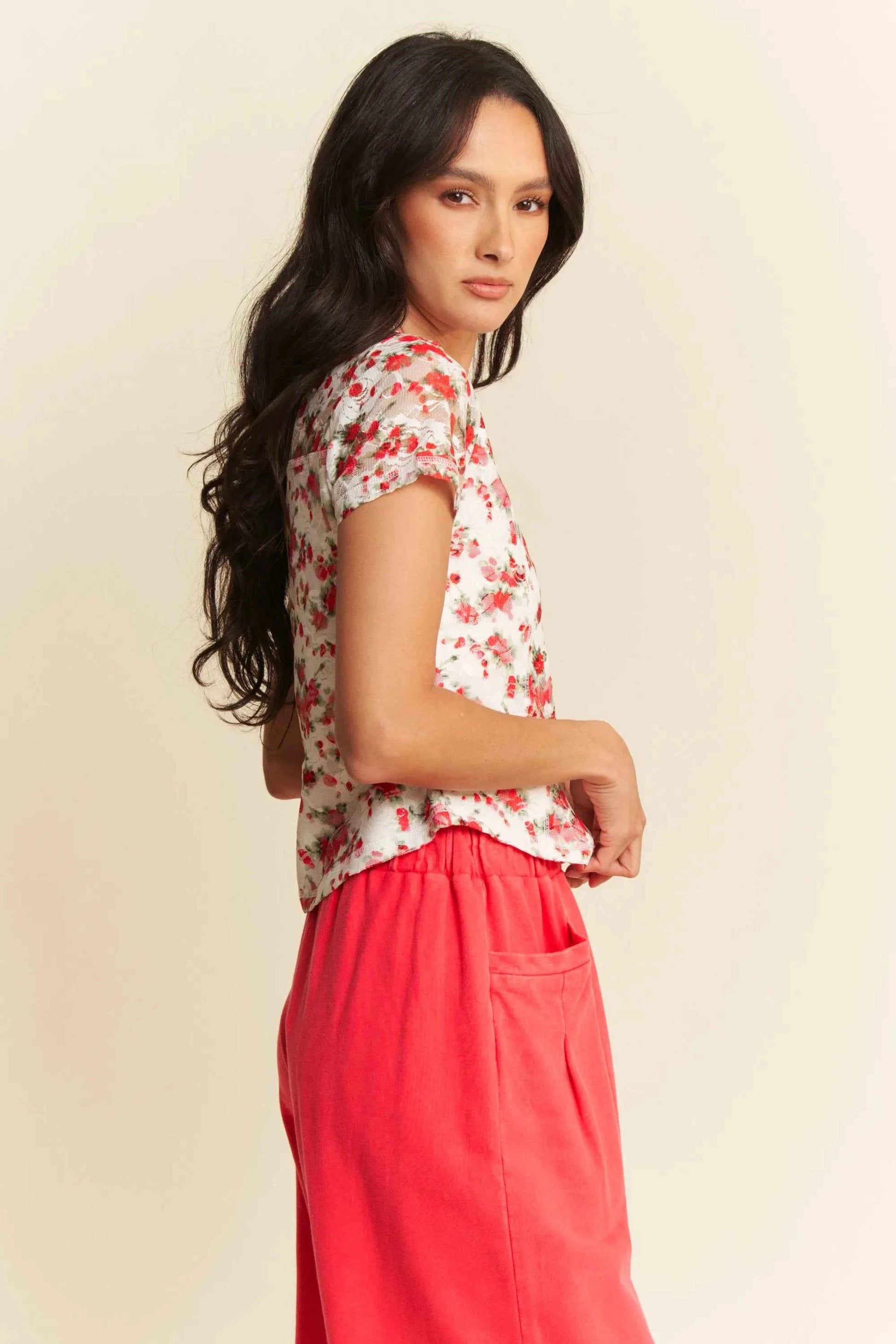 Davi & Dani Ribbon Short Sleeve Layered Mesh Top ecc4015d77f7405da32a8355af2706d5-Max-Origin
