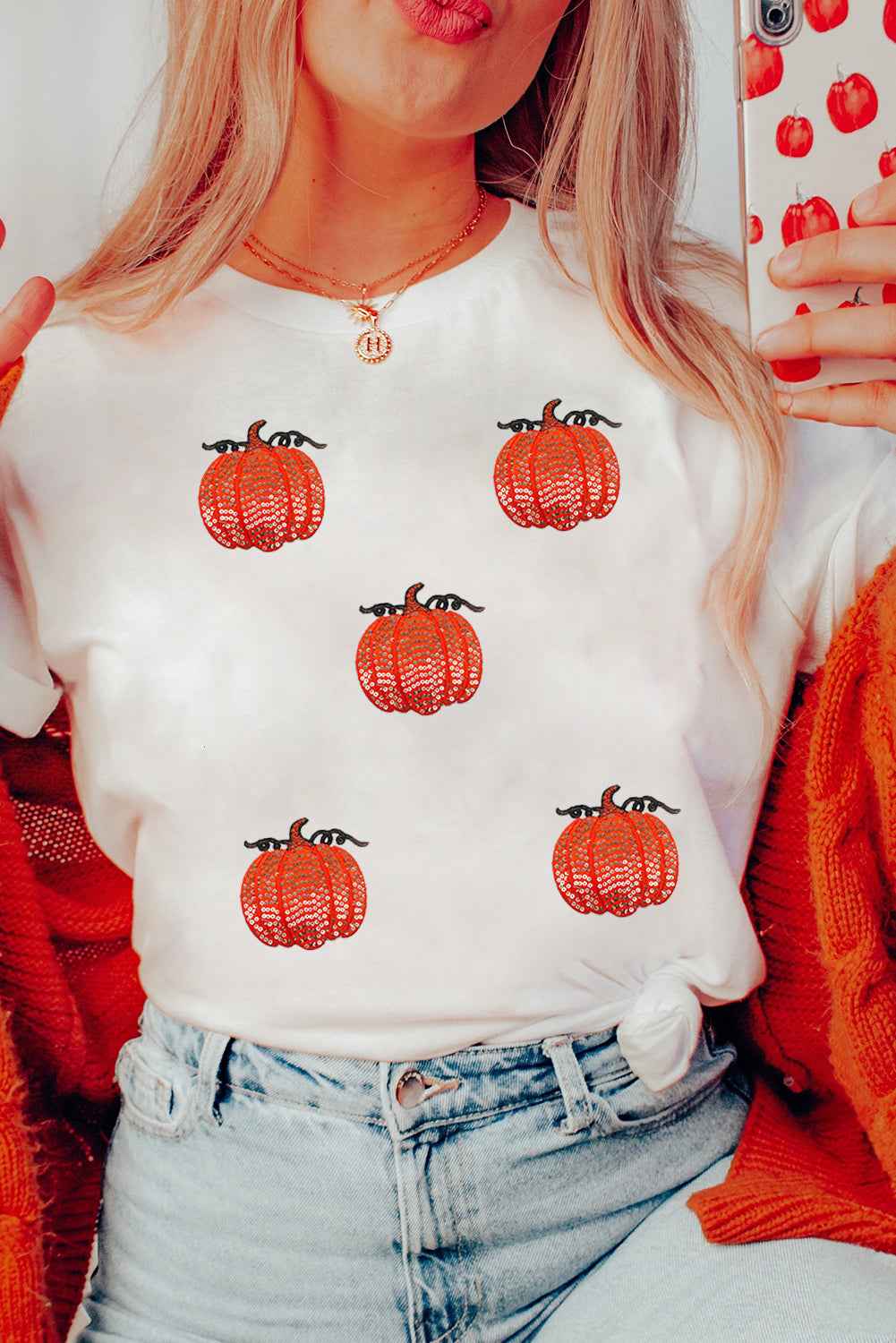 White Glitter Pumpkin Patched Cotton Blend T Shirt White 62%Polyester+32%Cotton+6%Elastane ecc73df72f92f2ec