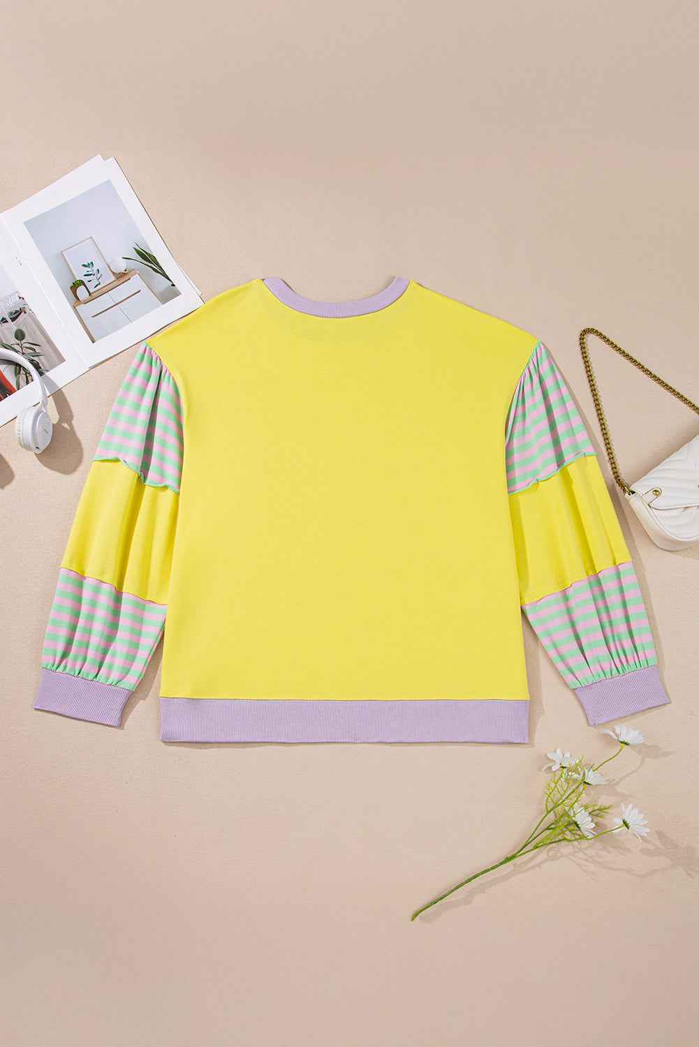 Yellow Striped Colorblock Patchwork Plus Size Pullover Sweatshirt ecc88df8cff4701b