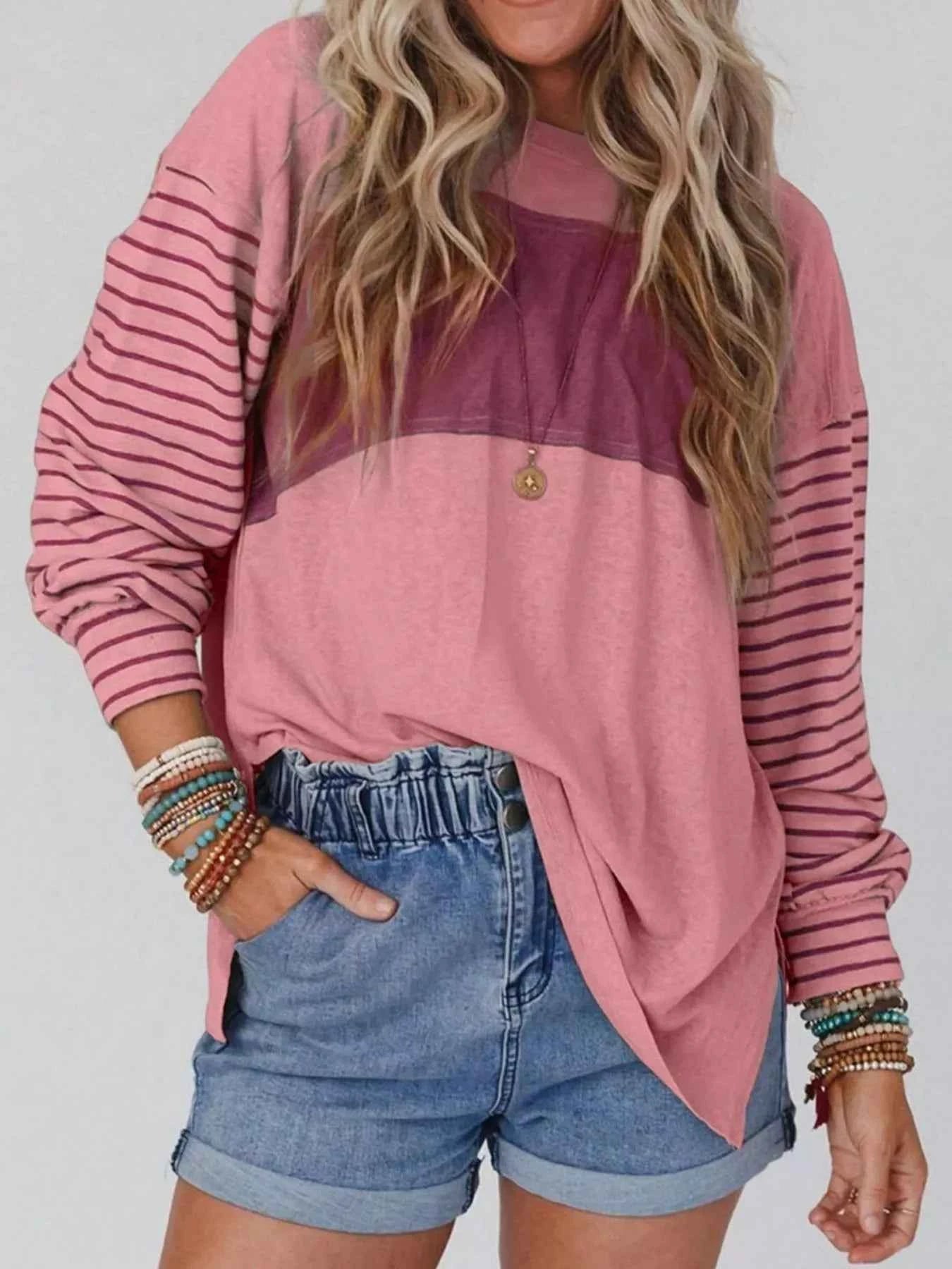 Striped Color Block Long Sleeve T-Shirt ecc93827-686e-4130-a614-8e57a1ae56bb-Max-Origin