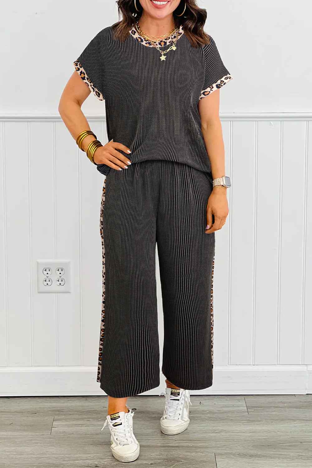 Carbon Grey Leopard Patchwork Trim Twisted Rib T Shirt and Cropped Pants Set Carbon Grey eccb59df97671f9c