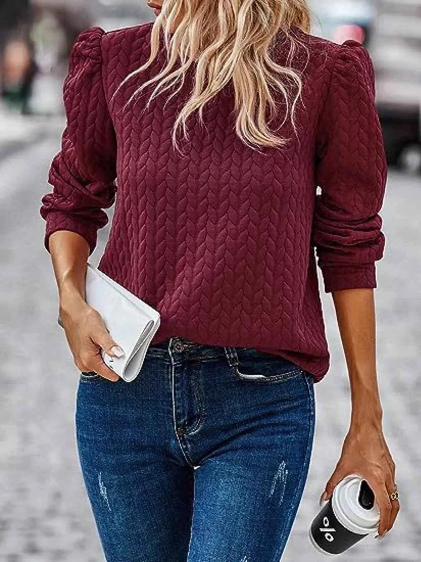 Texture Round Neck Long Sleeve Sweatshirt eccbae1d60e9426e99ce499d19b7c5dd-Max-Origin