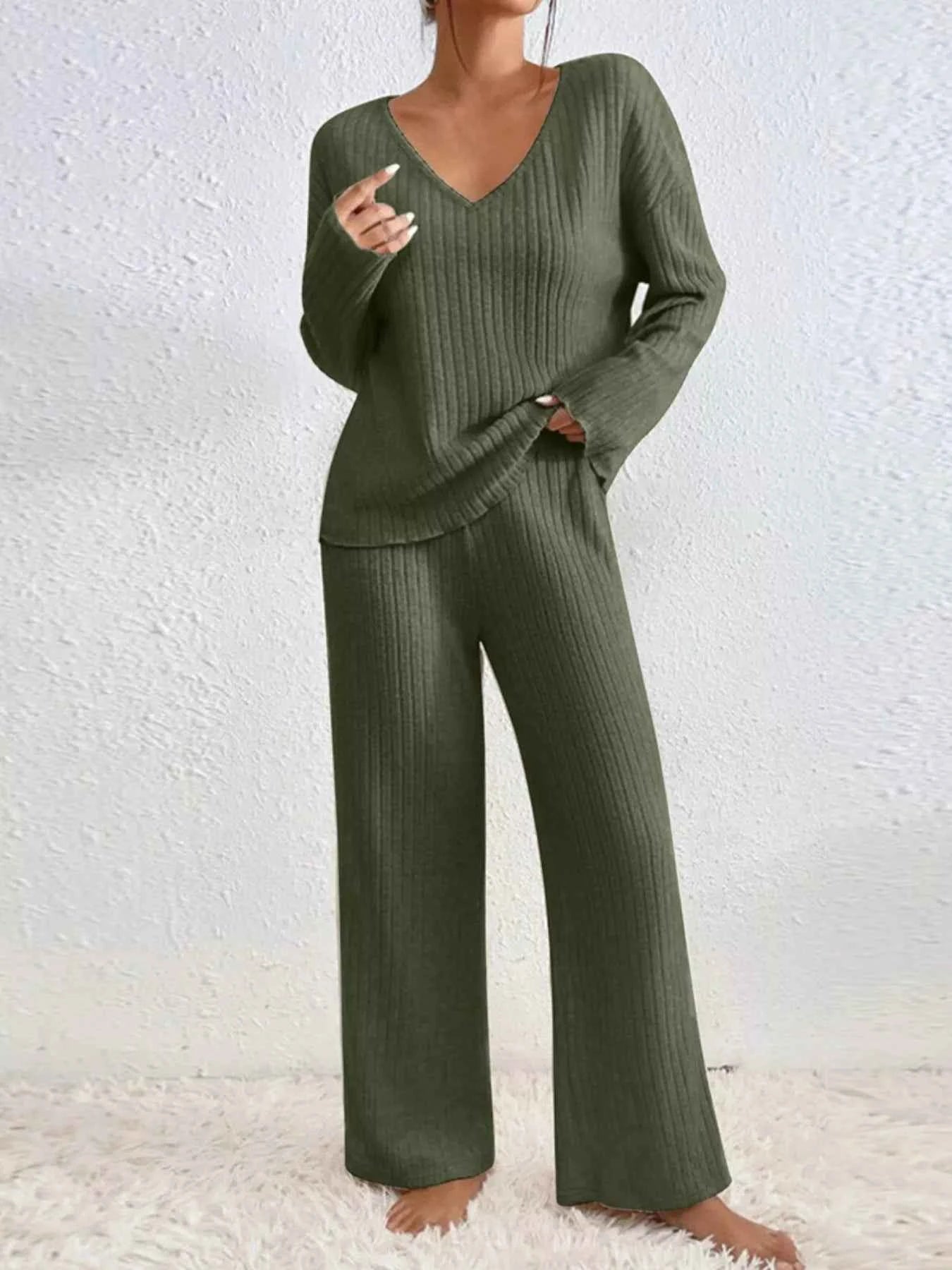 Ribbed Knit V-Neck Top and Pants Set Moss ecd02157-1519-4364-82e0-6550fdbd2db9-Max-Origin