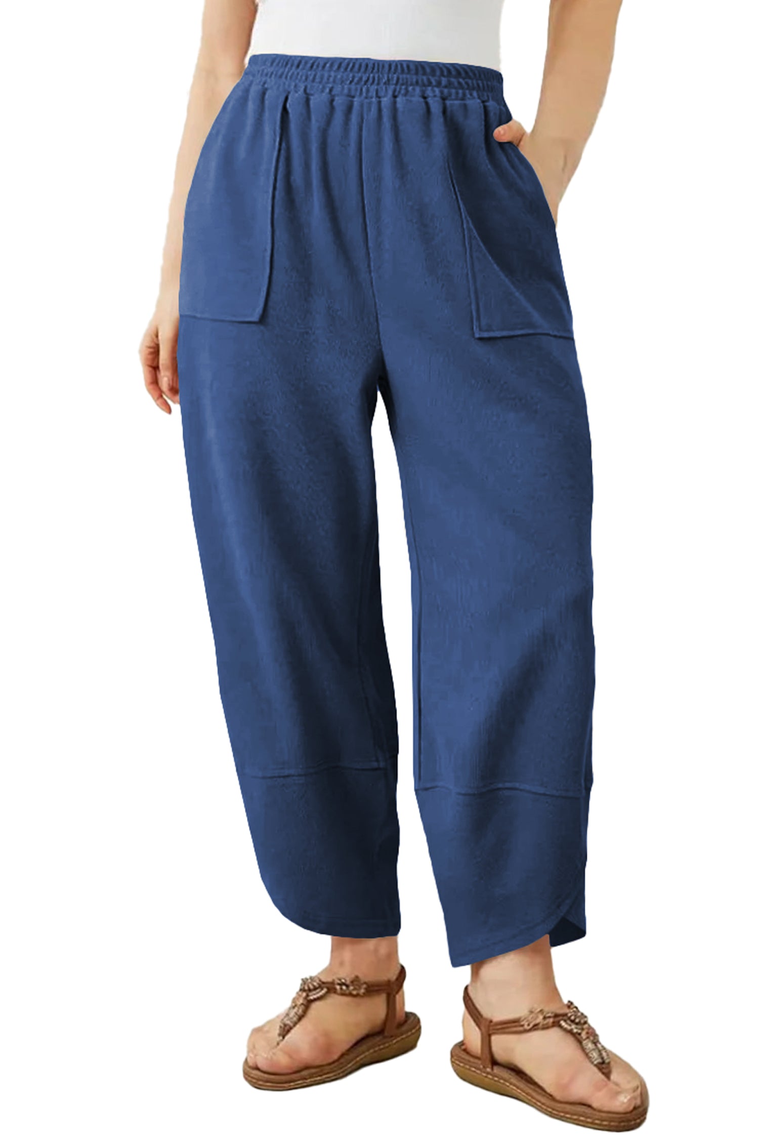 Sail Blue Plus Size Elastic Waist Asymmetrical Hem Loose Capris Pants ecd12fbaffecc680