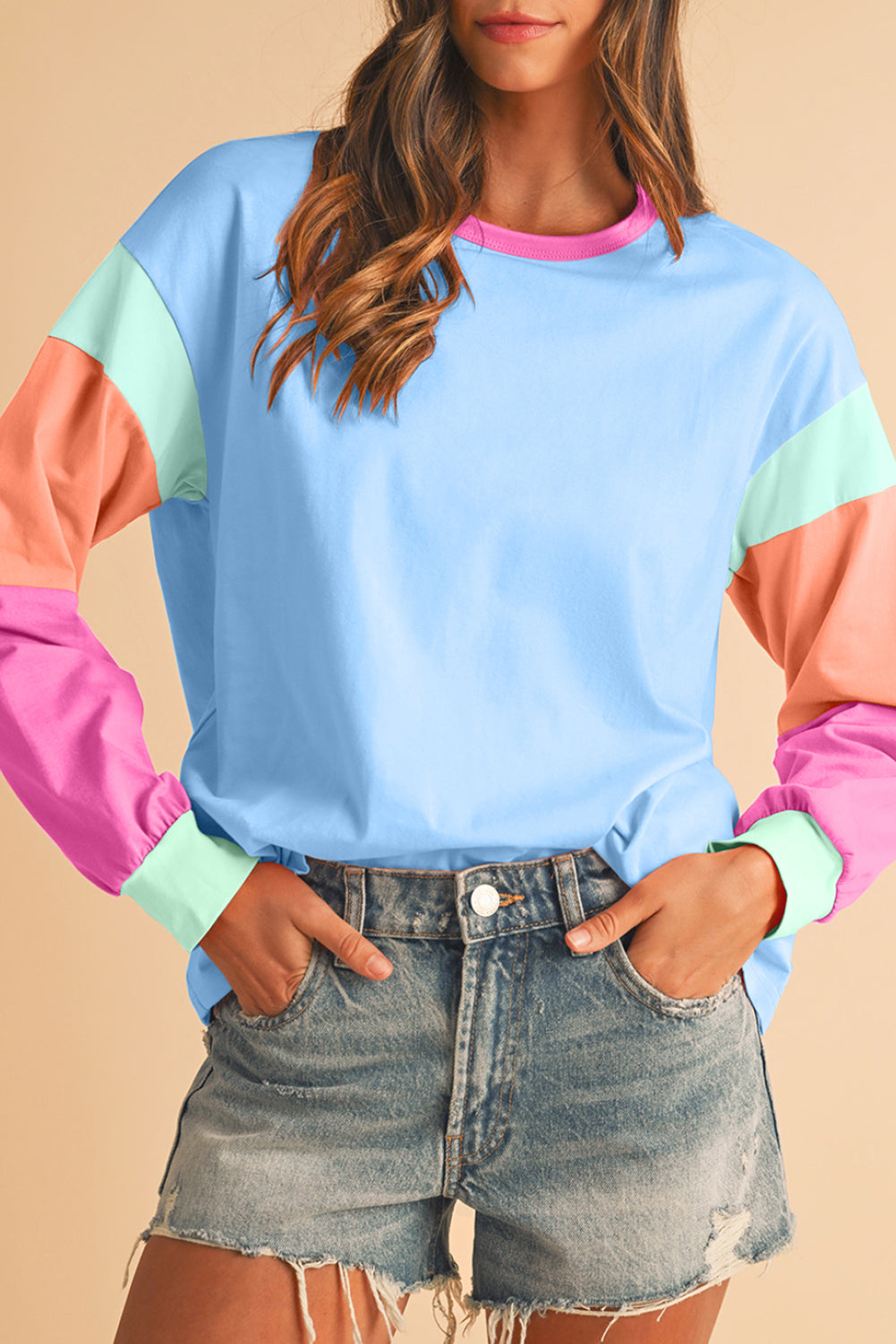 Green Color Block Sleeve Loose Fit Top Dark Blue 95%Cotton+5%Elastane ecd2f32814a1013e