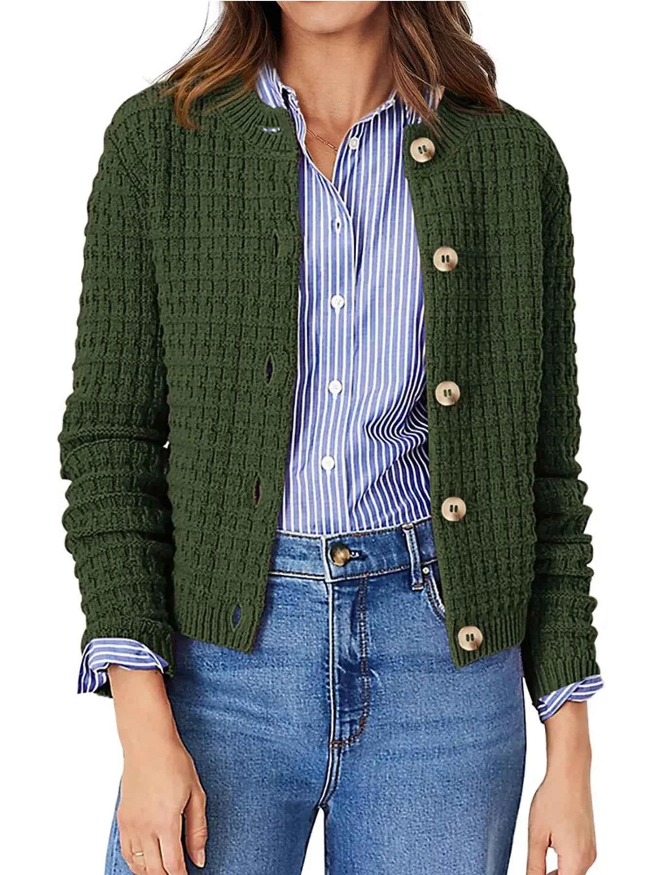 Textured Knit Button-Front Cardigan Army Green ecd3a25a6cbd4612aa48564eff6715b0-Max-Origin