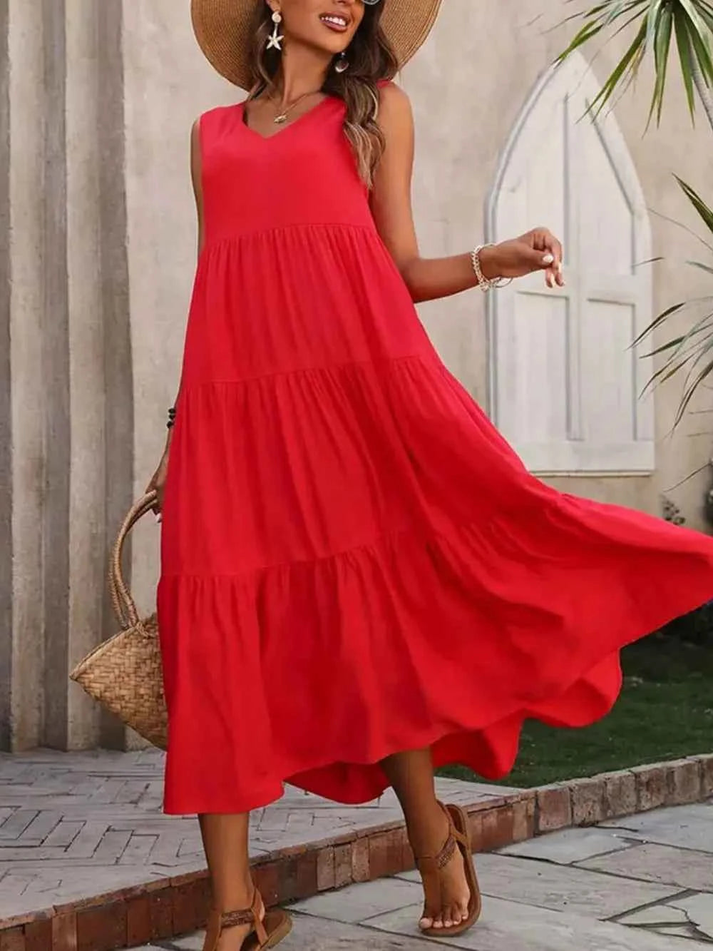 Tiered V-Neck Sleeveless Dress Rust ecd410db-336b-41bd-bf58-eb809504686e-Max