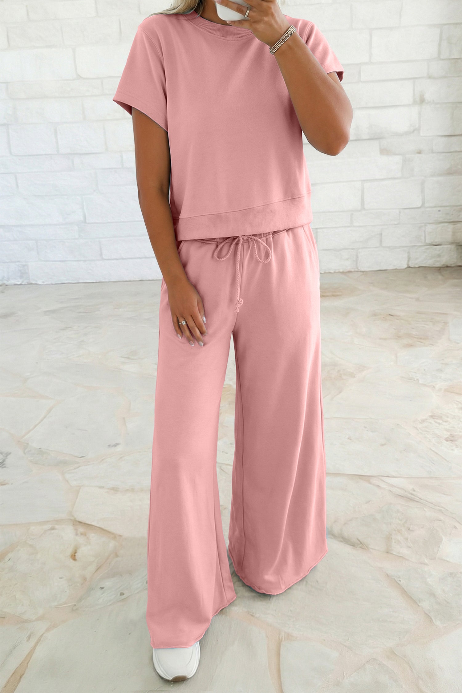 Mist Blue Solid Color Loose Tee Drawstring Wide Leg Pants 2pcs Outfit Light Pink 80%Polyester+20%Cotton ecd742d628e1c860