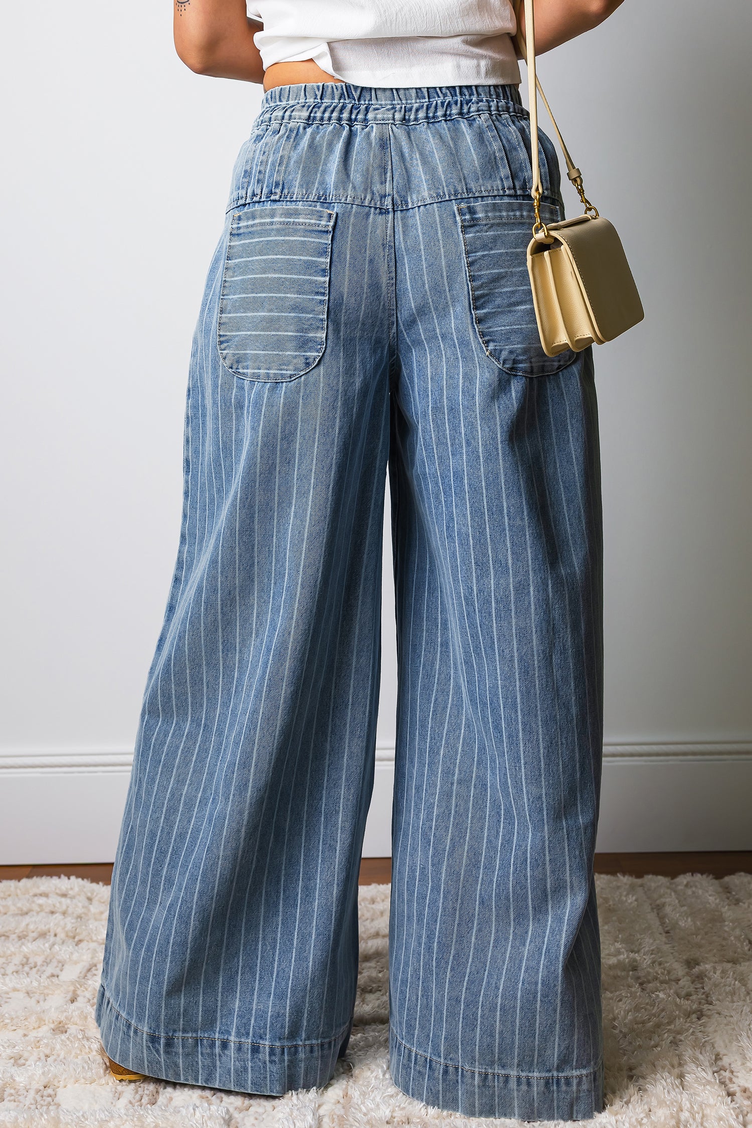 Sky Blue Stripe Button Pleated Drawstring Waist Casual Wide Leg Jeans ecd8f25220149336