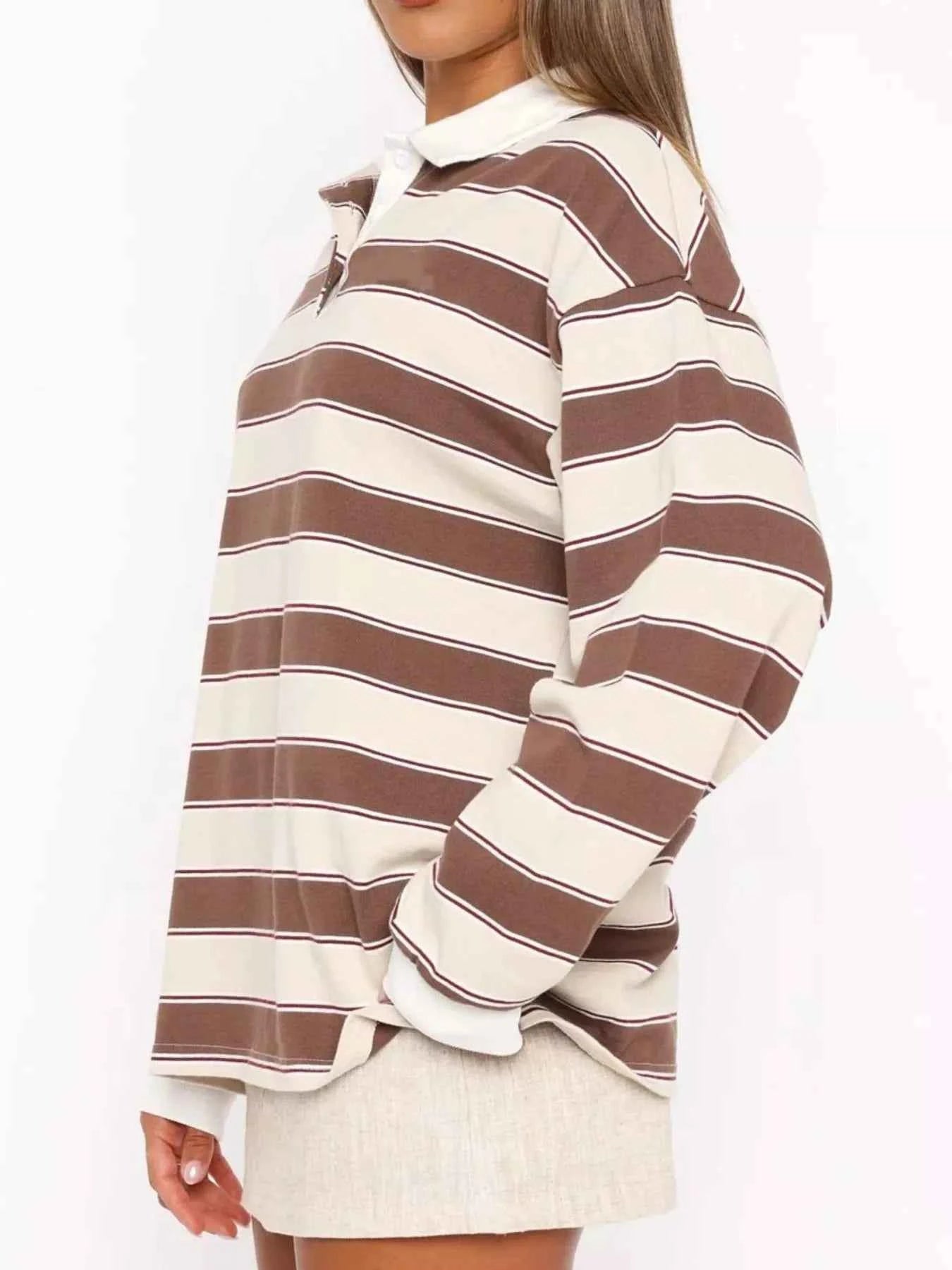Striped Button Detail Long Sleeve Polo ecdae925-078e-40da-9fd4-28876e76e906-Max-Origin