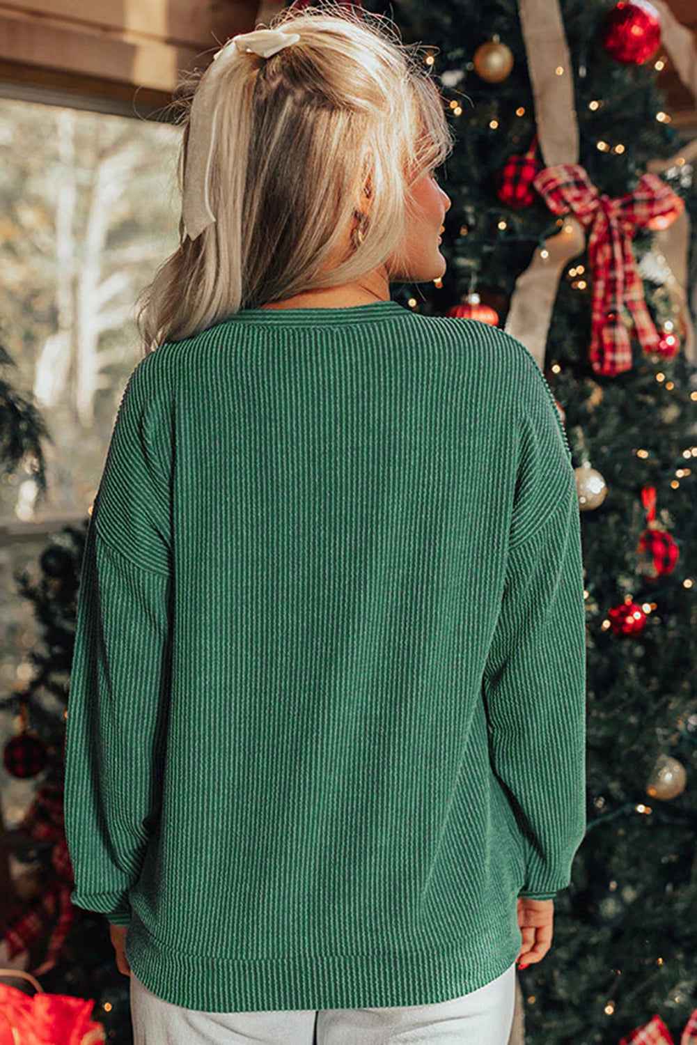 Evergreen Twisted Rib Merry Letter Graphic Loose Long Sleeve Top ece246e88d5a17ab