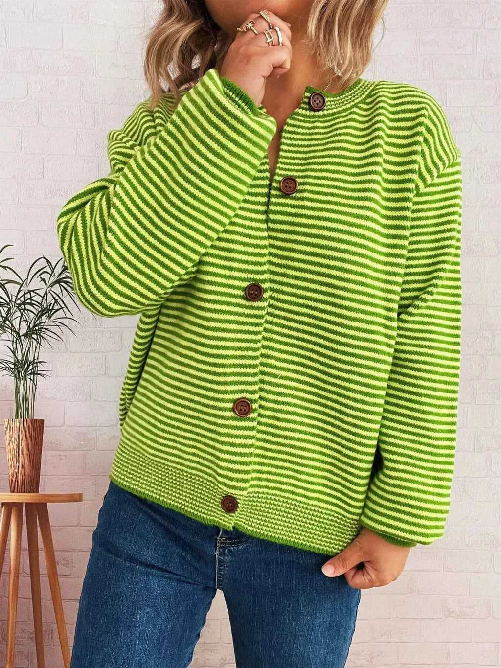 Striped Button Up Long Sleeve Cardigan ece5ee8060ad46848f1da96360bea31e-Max-Origin