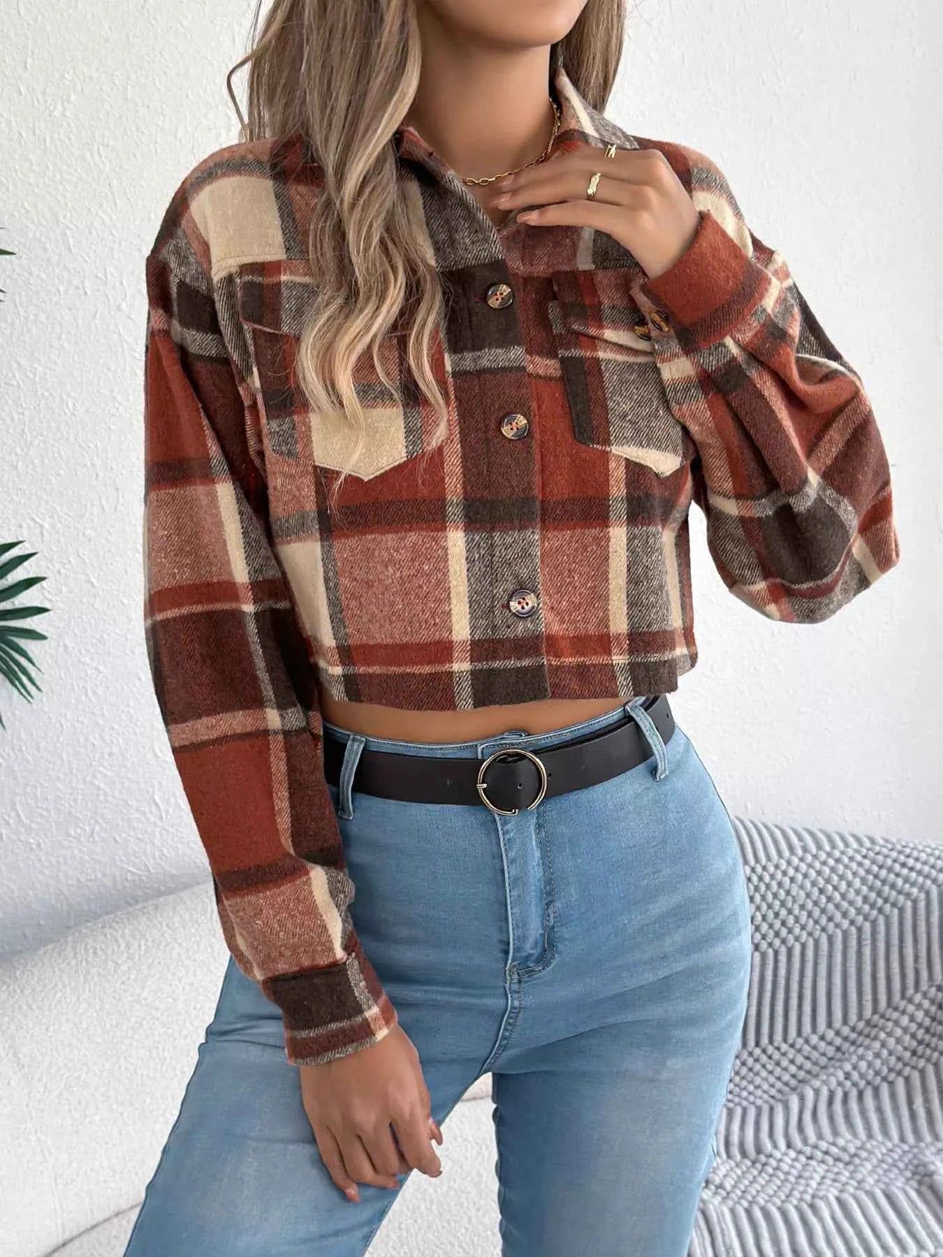 Plaid Button Up Cropped Jacket ecea8034311640f7b717be92e08acfae-Max-Origin