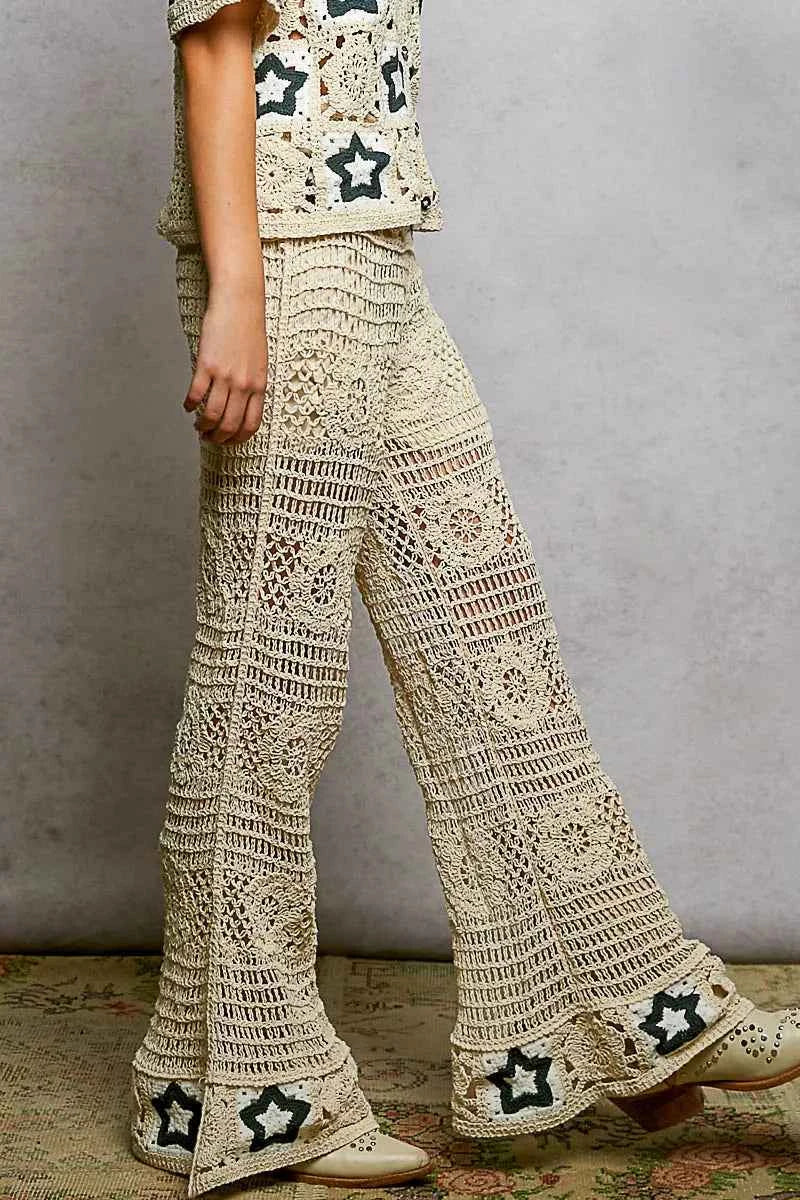 POL Openwork Crochet Flare Pants with Contrast Star