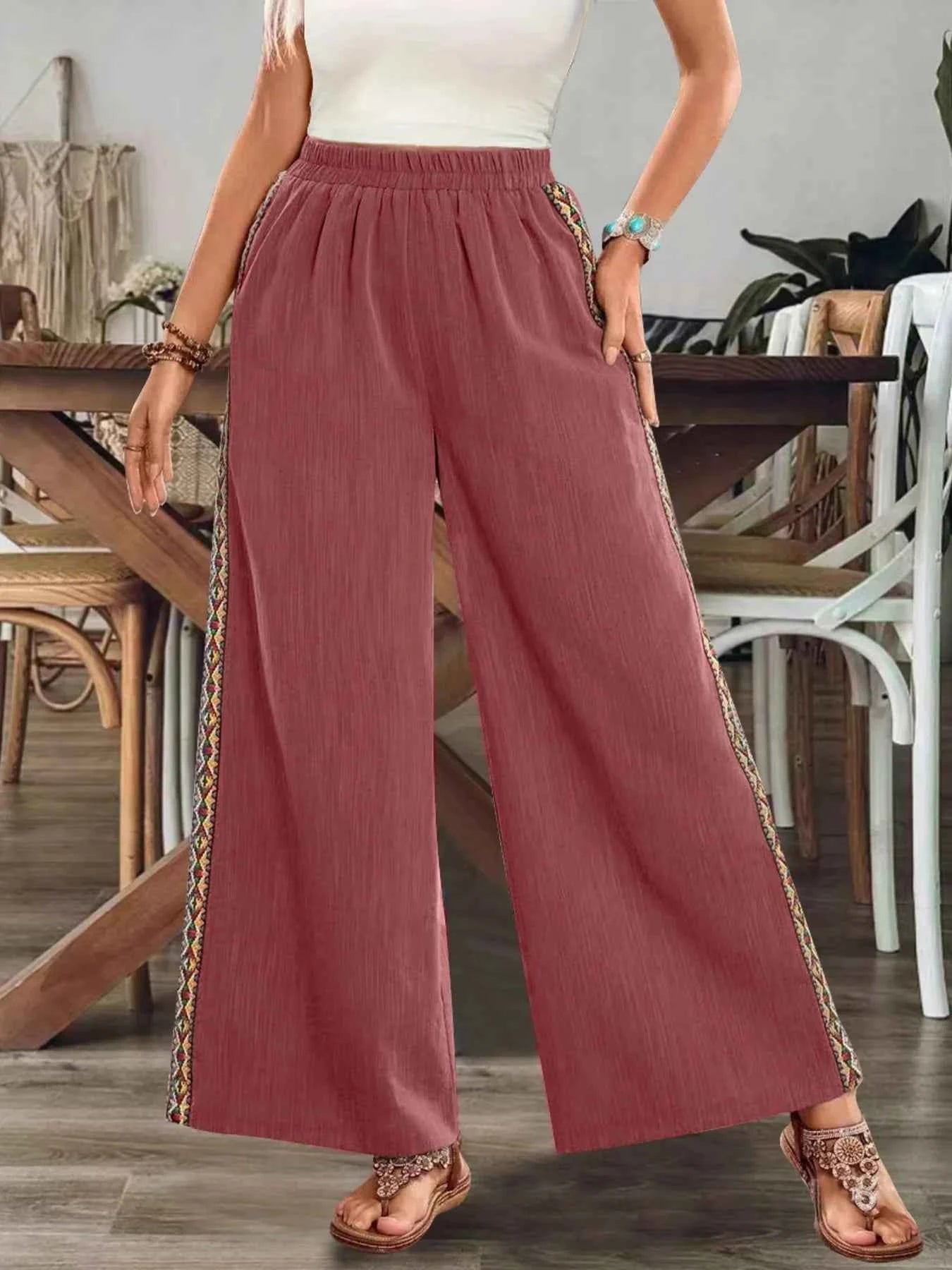 Bohemian Wide Leg Embroidered Side Stripe Pants Rust eced4db62442420ea7109de76471ee47-Max-Origin