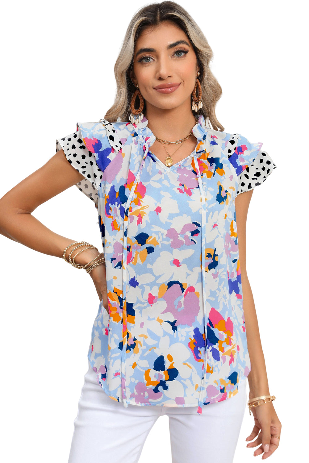 Black Floral Print Ruffle Flutter Sleeve Tied V Neck Blouse ecf13845de68003c