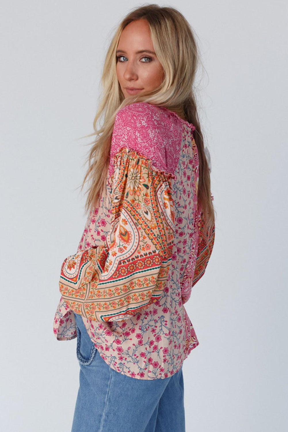 Pink Mixed Floral Printed Lantern Sleeve V-Neck Blouse ecf4c5be64ca944f