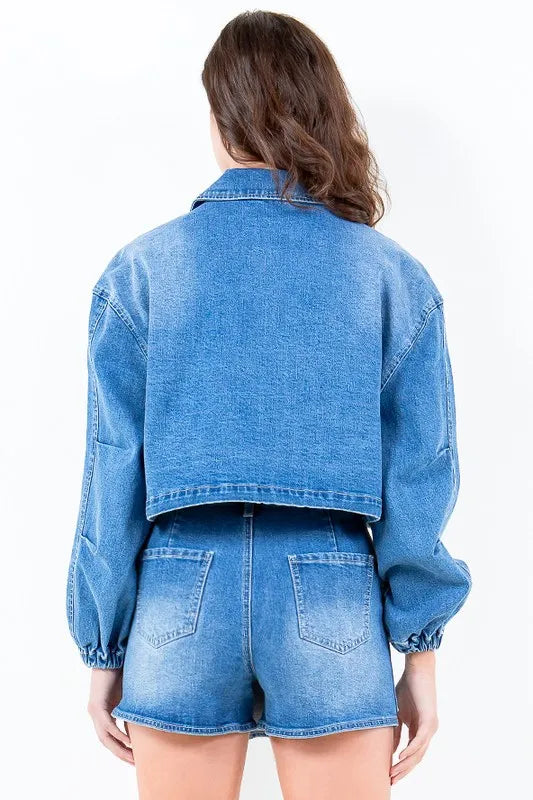 Cropped Denim Jacket with Waist Strap - Drop Shoulder Plus Size ecf5a2d2-8a31-4803-a086-edf4c7288414-Max