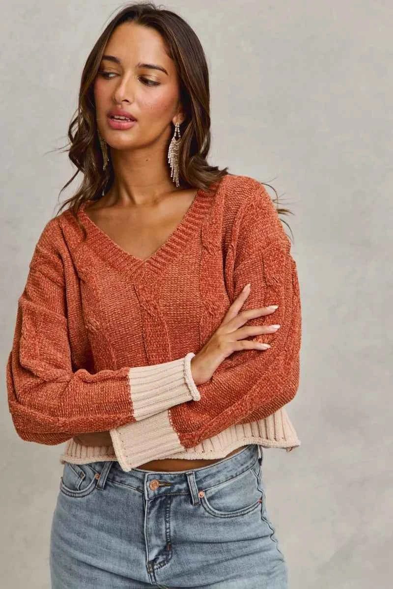 SO ME Chenille Cable Knit V Neck Contrast Cropped Sweater ecf6e65c0cc24d088d994e78e0424f96-Max-Origin