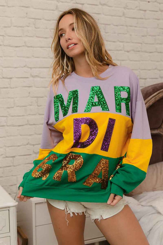 Sequin Mardi Gras Lettering Color Block Sweatshirt ecf72791a1414dd2a5872a5fb7f5d7bd-Max