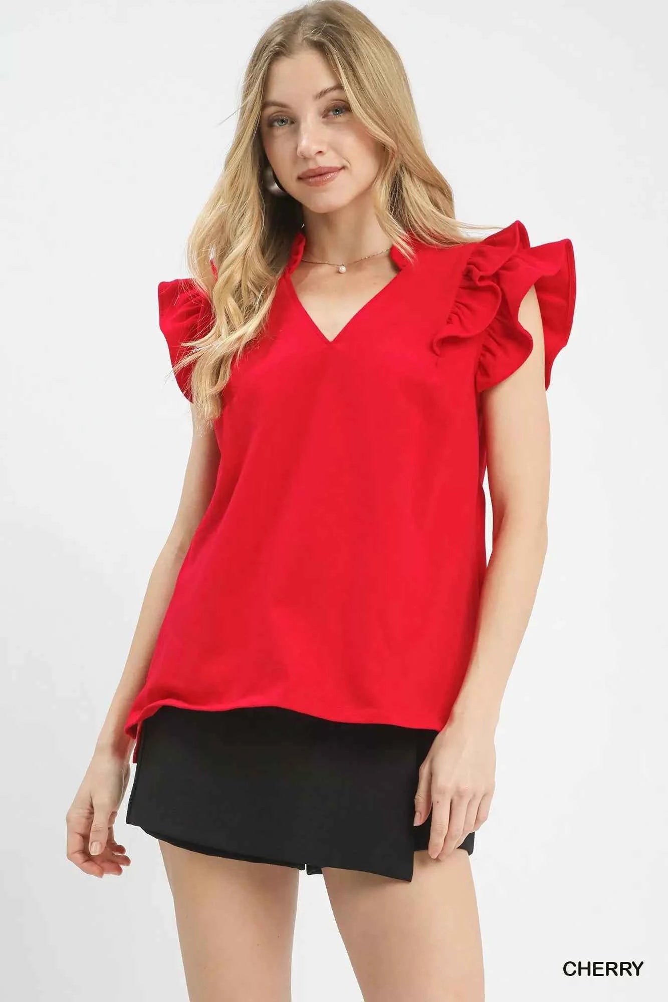 Ruffle Sleeve V-Neck Top CHERRY ecf79b21-d411-47bd-b7d0-62bbc5d5ea7b-Max-Origin
