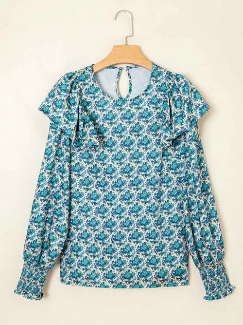 Abstract Print Shirred Cuff Ruffled Puff Sleeve Blouse ecf8c05e30974efb8786c81baea75375-Max-Origin