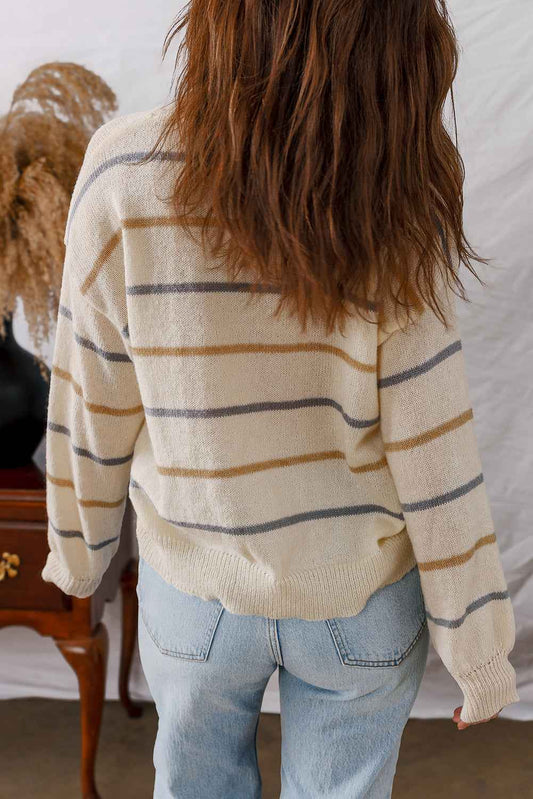 Multicolour Striped Buttoned Front V Neck Drop Shoulder Cardigan ecf905b3c805e8d0