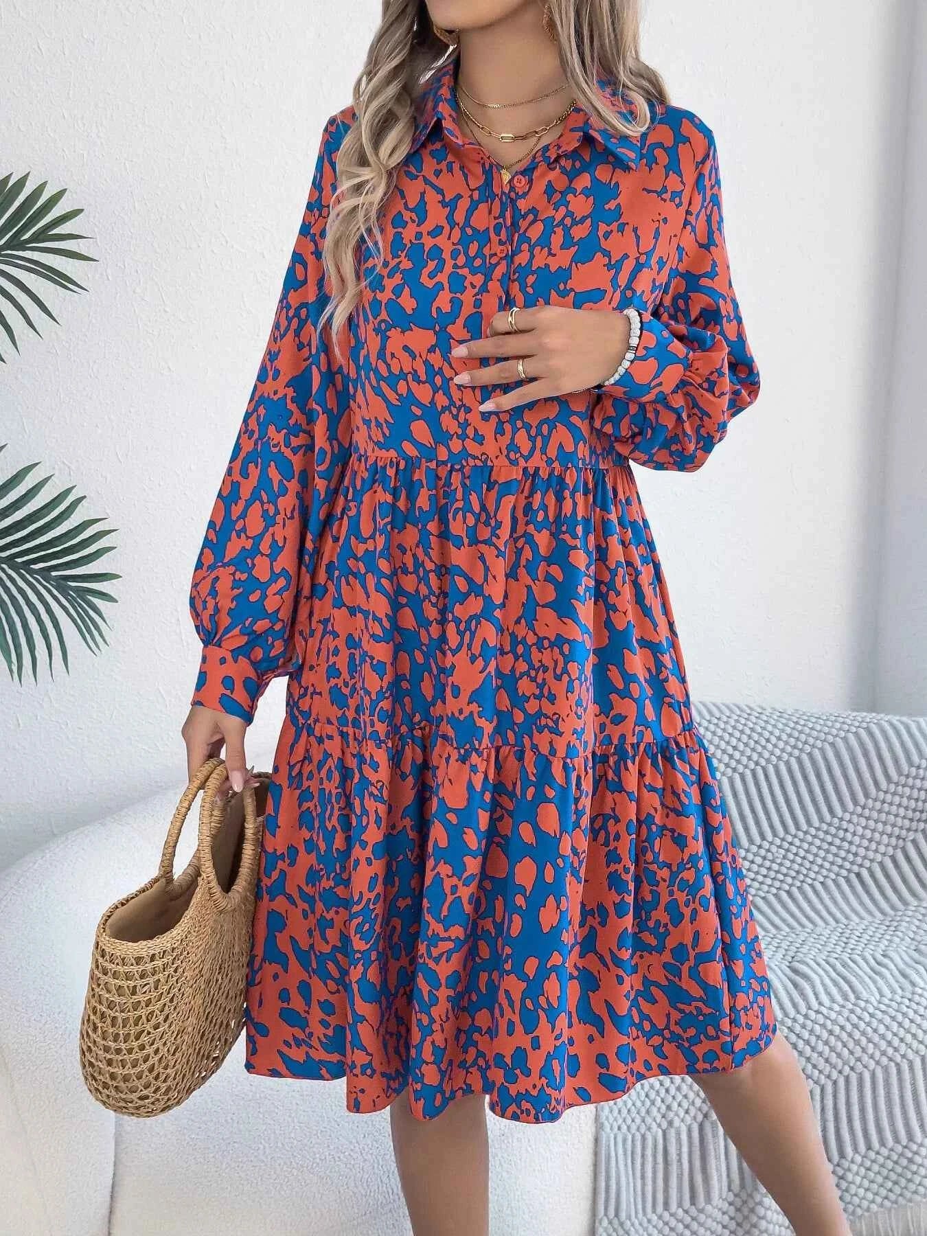 Printed Collared Neck Long Sleeve Dress Red ecf9f9b87161421bba62ded7e873bbbe-Max-Origin