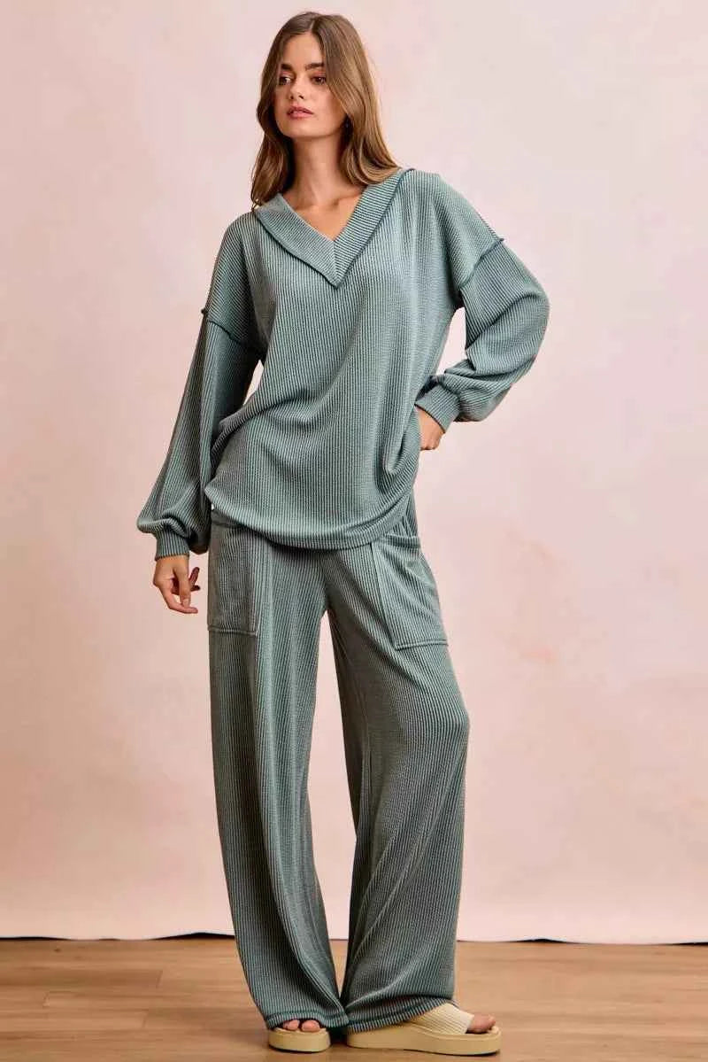 BiBi Two Tone Cord Rib Contrast Stitching V-Neck Top and Pants Set ecfd010e4e0847deb005cf5a47db4d48-Max-Origin