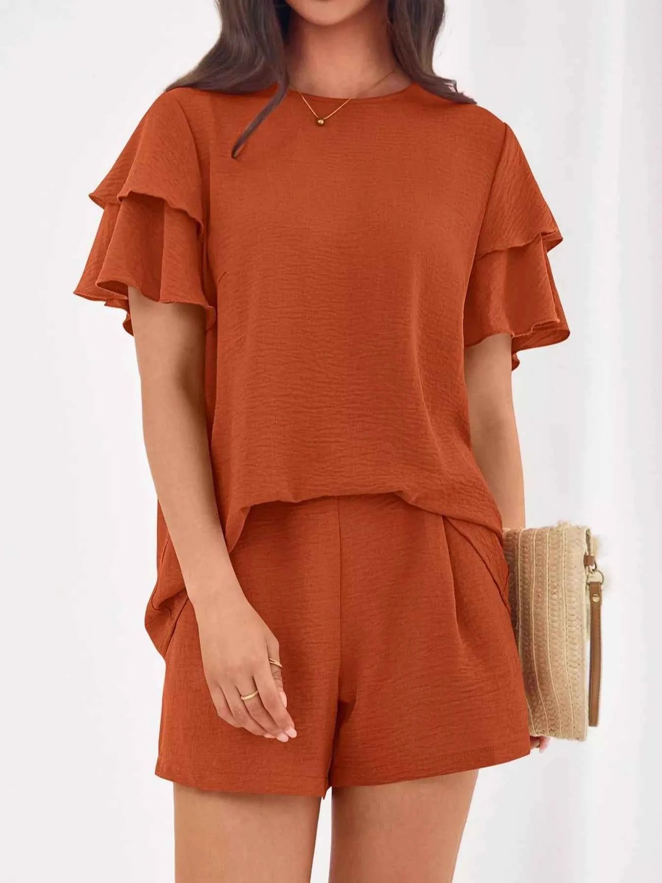 Ruffle Sleeve Top and Shorts Two-Piece Set Terracotta ecfe4224-cf74-4e19-8c9f-7254bfbc3966-Max-Origin