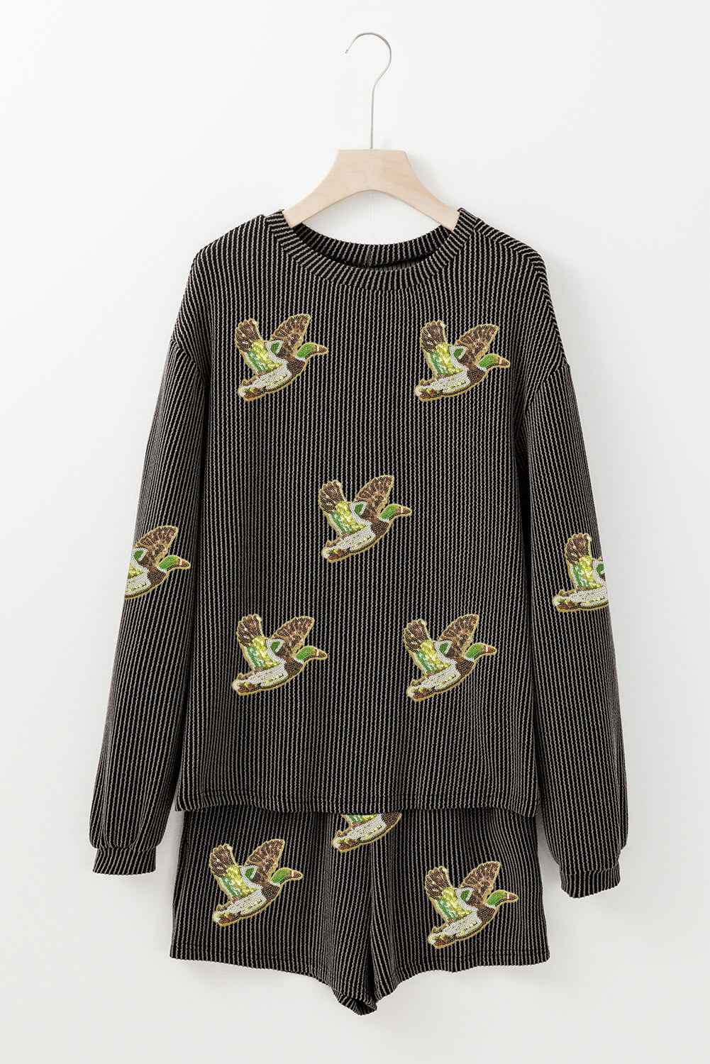 Carbon Grey Ribbed Long Sleeve Top and Shorts Flying Mallard Sequin Patched Graphic Set ed0070595f839329