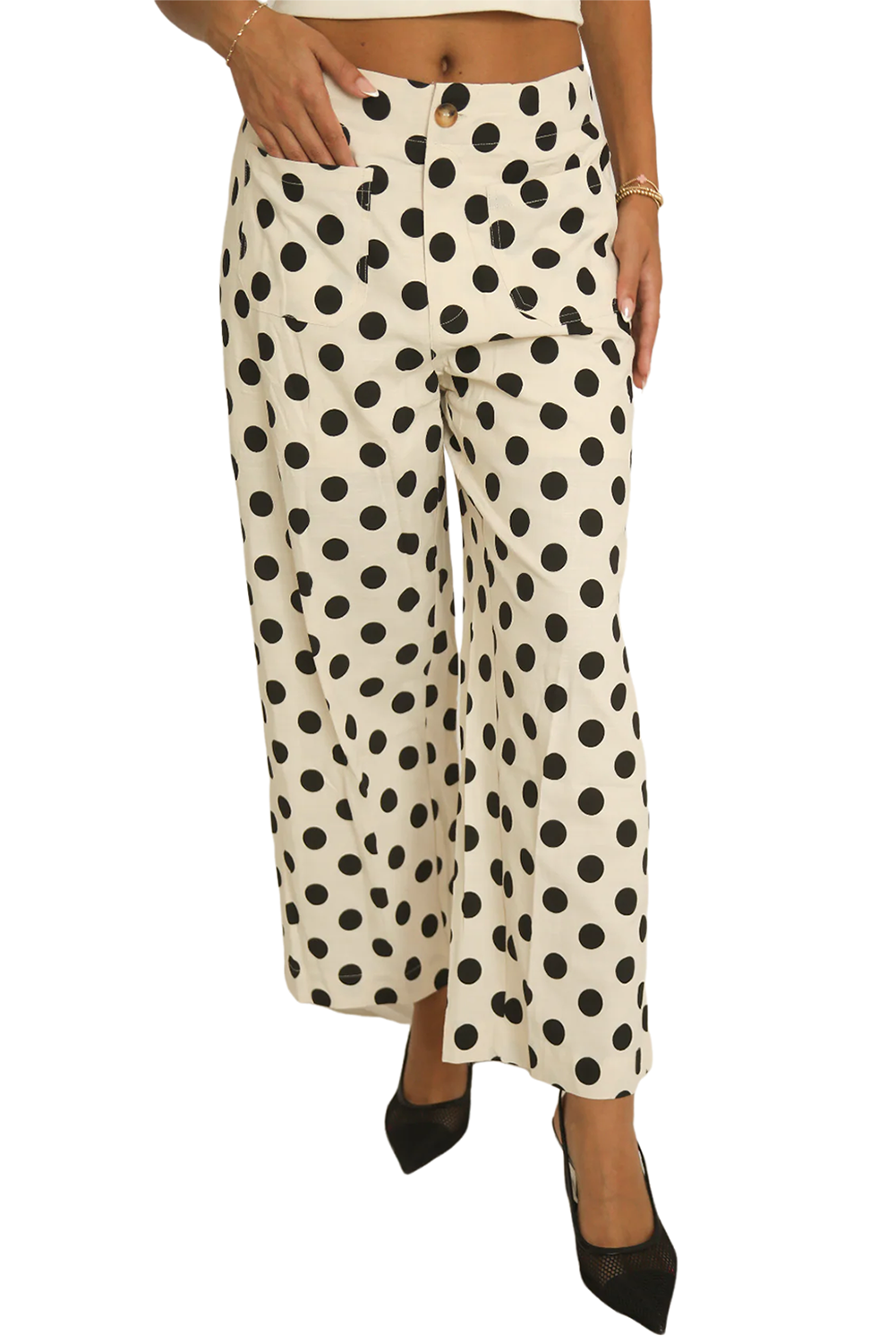 White Casual Polka Dot Wide Leg Pants ed04db202eedf979