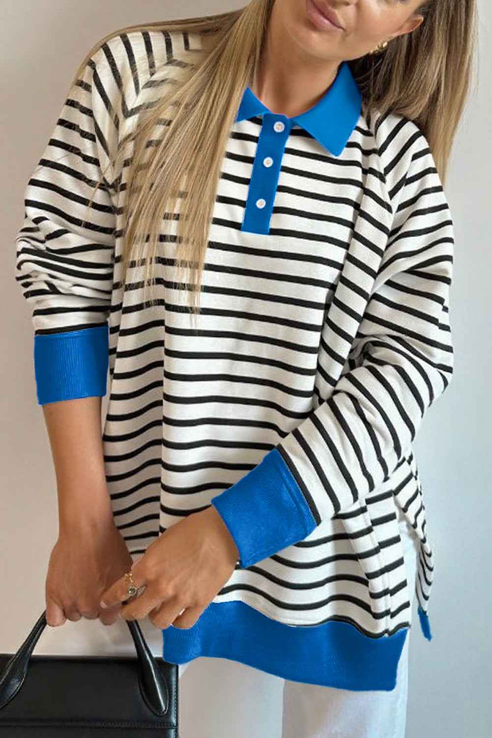 Black Stripe Striped Button Collar Pullover Sweatshirt Black Stripe 95%Cotton+5%Elastane ed0ac95349ebf129