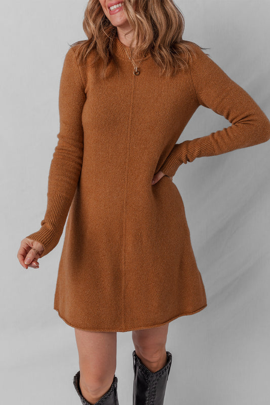 Straw Yellow Ribbed Detail Solid Color Mini Sweater Dress ed0acc0d60788b25