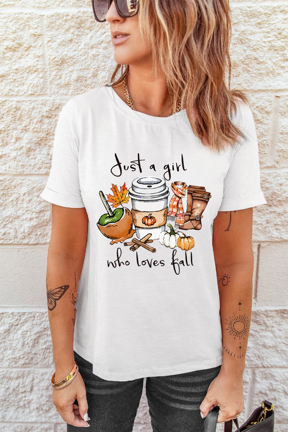 White Fall Vibe Graphic Print Crew Neck T Shirt ed0bf3b805847f35