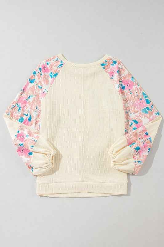 Floral Patchwork Balloon Sleeve Textured Blouse ed11750e-971b-463d-ae52-3606d970dbda