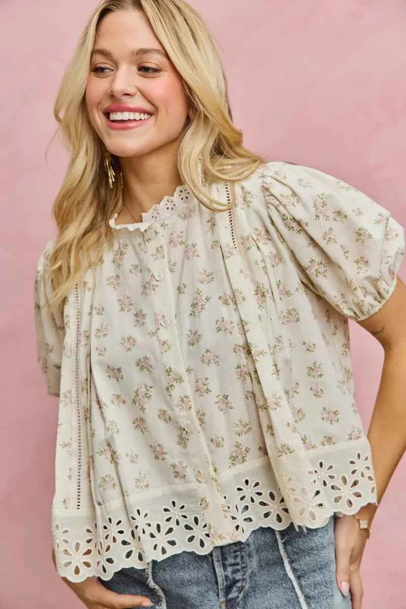 SO ME Floral Print Lace Trim Short Sleeves Blouse BLUSH ed12dd7203d2441384e11936d4de2a46-Max-Origin