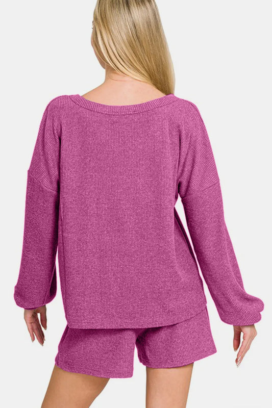 Zenana V-Neck Long Sleeve Ribbed Top and Shorts Set ed13259d-404d-475d-80ce-6f01eead21bb-Max
