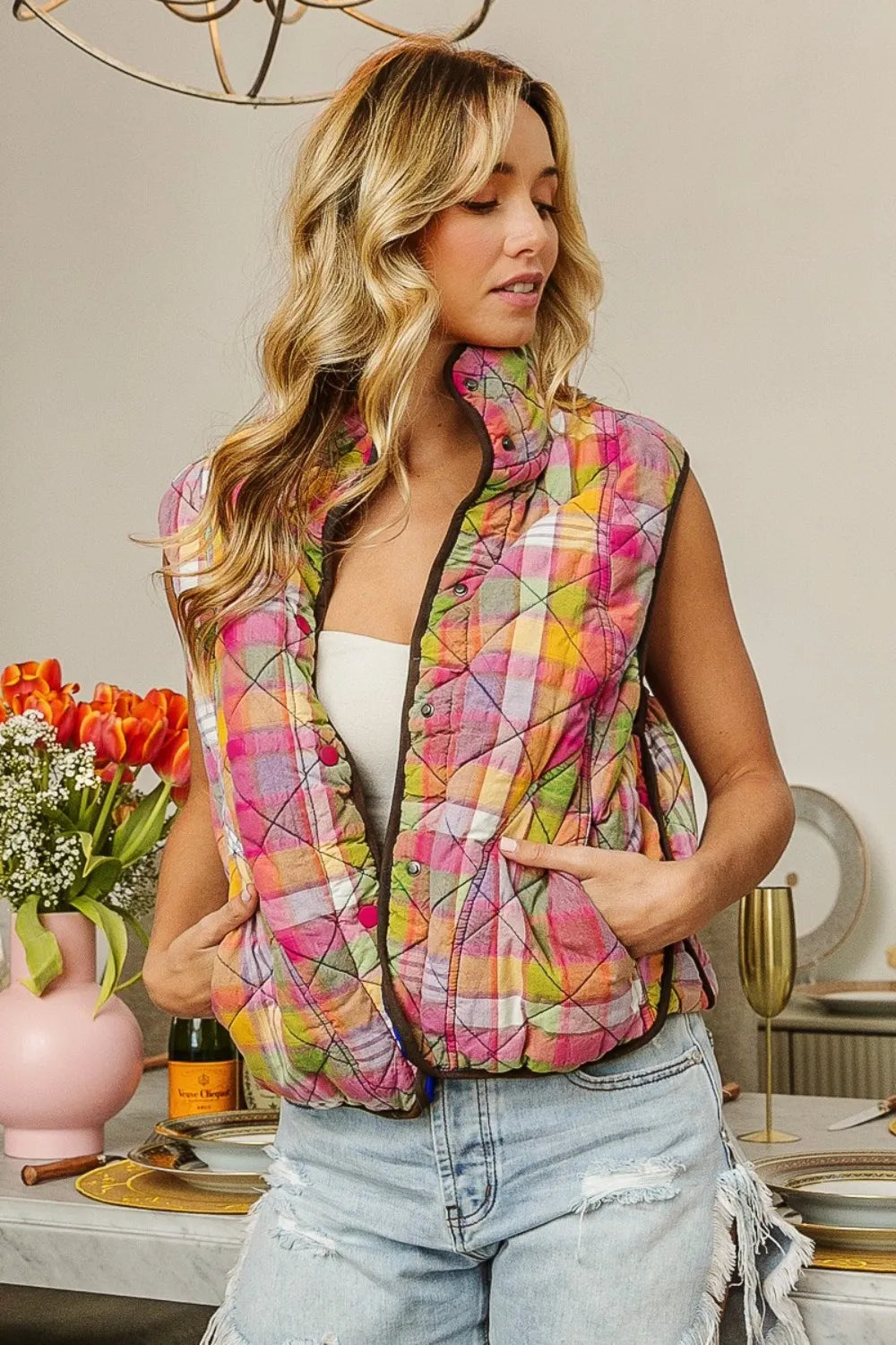 BiBi Quilted Washed Plaid Snap Down Vest ed13f036-011d-410a-a3a1-2bfda12b46cf-Max