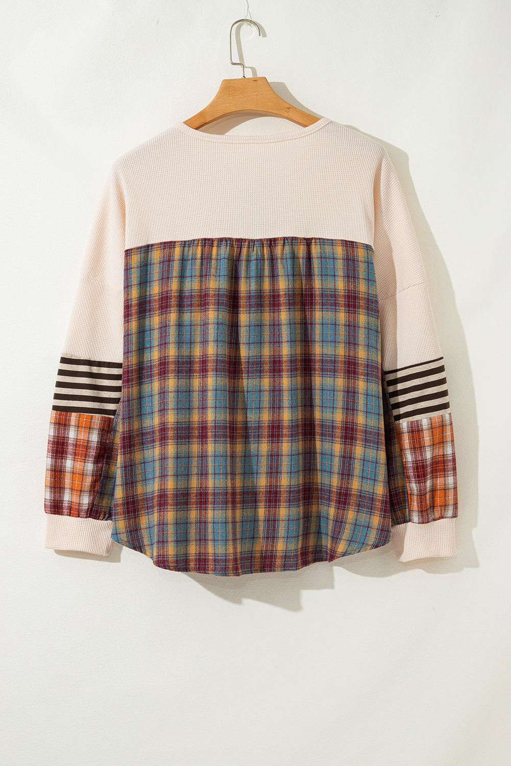 Parchment Plus Size Waffle Striped Plaid Patchwork Henley Pullover ed140ccf666dc12a