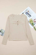 Solid Ribbed Lace Neckline Long Sleeve Top Beige ed180380-42de-4870-a21e-7e4693cad53e