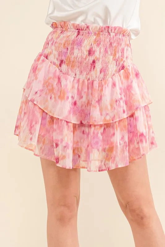 Printed Lurex Smocked Waist Tiered Ruffled Skort ed1a409aa5fa4ae498b4b07d03c0a5b8-Max-Origin