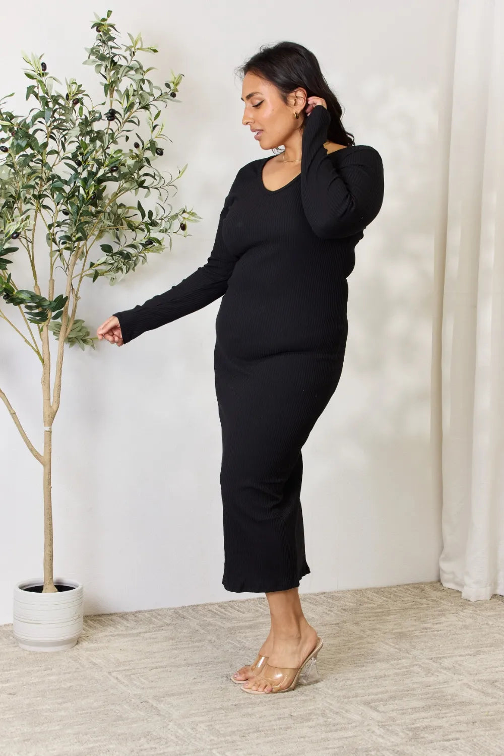Culture Code Full Size Ribbed Long Sleeve Midi Slit Dress ed1a8303edbf47acb419f5e0149744a6-Max