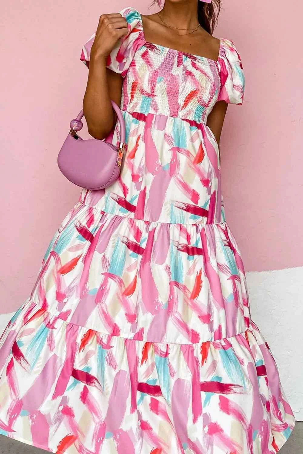 Geometric Print Puff Sleeve Square Neck Midi Dress ed1b4c91-afcc-421c-8d94-66432aa8f45f-Max-Origin