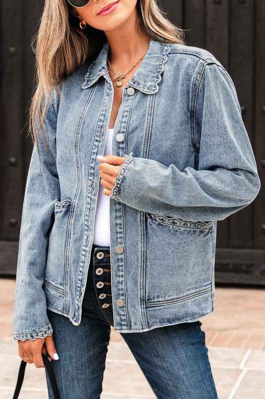 Solid Denim Scallop Collar Patch Pocket Buttoned J ed1b509f-0774-4618-816b-de09302547c3