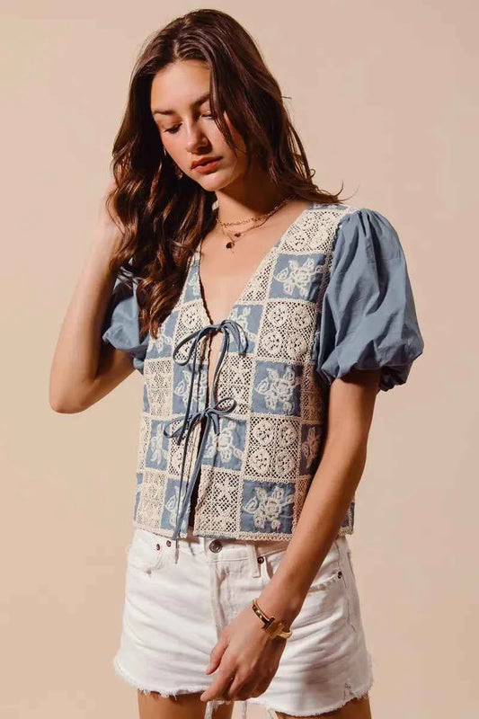 Crochet Lace Tie Front V Neck Blouse Top ed1bf46bb2d943f3a43b5789a7f5b00b-Max-Origin