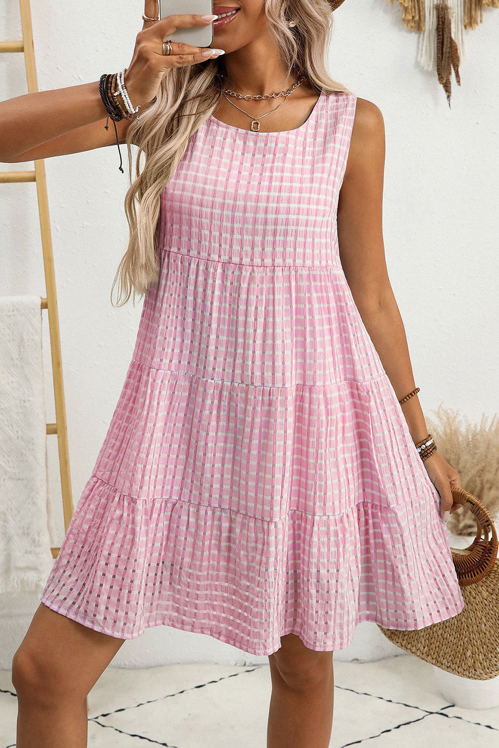 White Gingham High Waist Sleeveless Mini Dress ed1f8be6e0ba6a8a