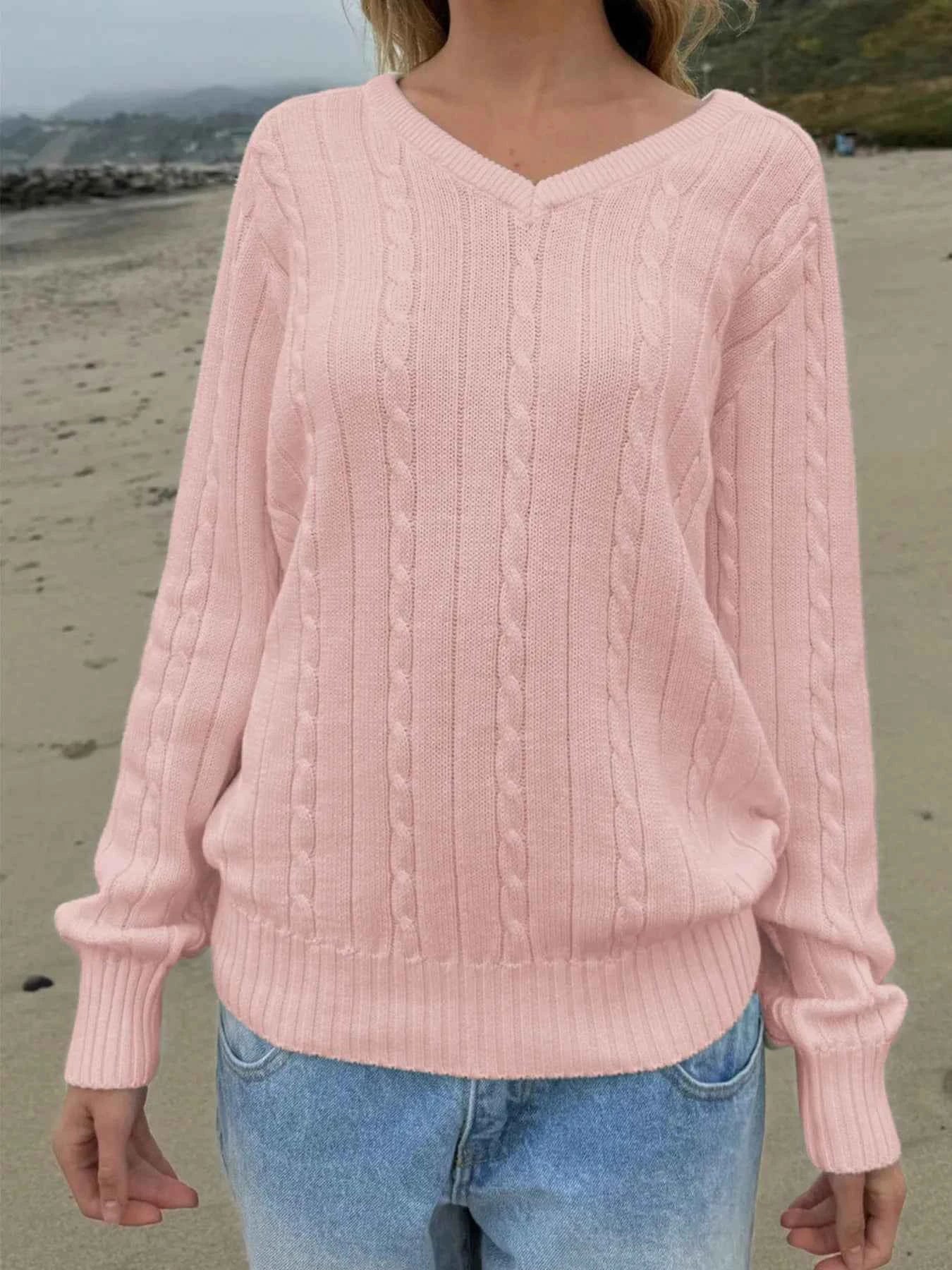 Cable Knit V-Neck Pullover Sweater