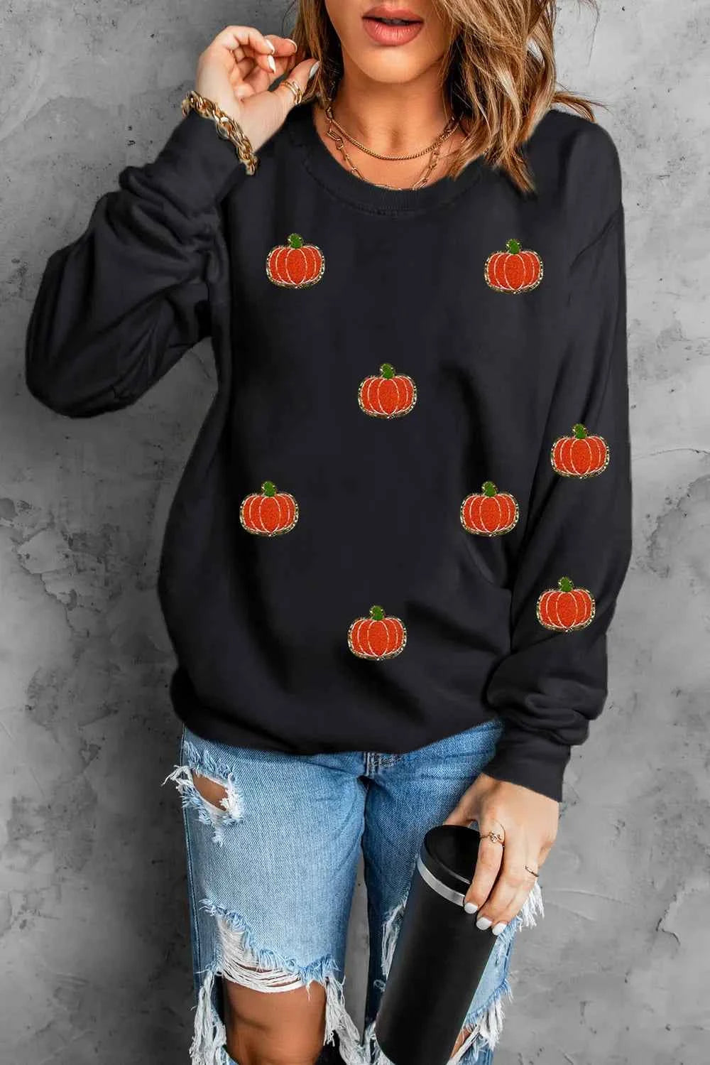 Pumpkin Round Neck Long Sleeve Sweatshirt ed23b17d-484f-4b1c-9f17-07164e1880a3-Max